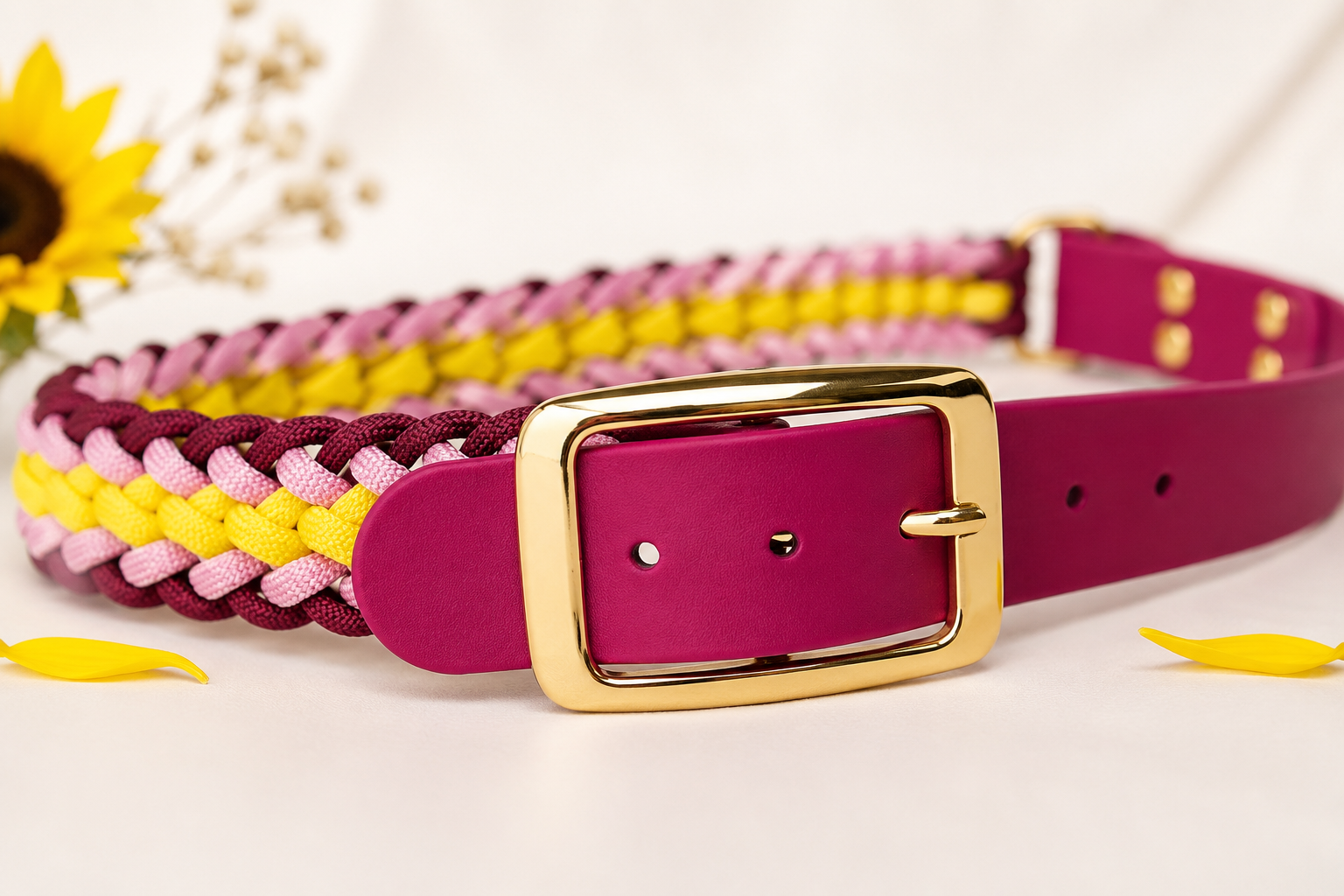 Colliers pour chien personnalisés en Biothane et Corde– Création artisanale sur mesure Colliers et laisse menthe et lilas avec bouclerie dorée