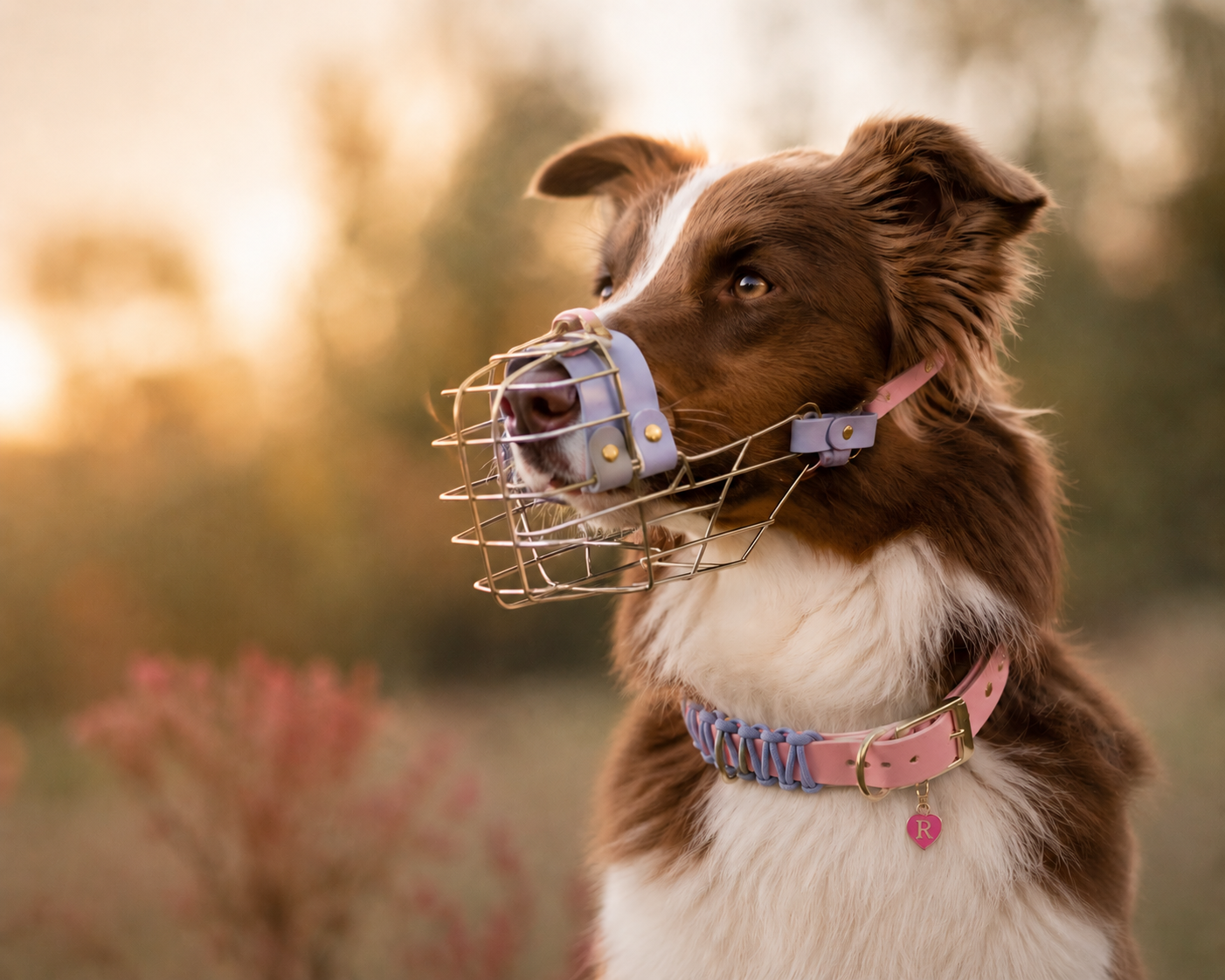 Accueil - Équipements pour chiens artisanaux et personnalisés sur mesure Chien portant une muselière artisanale sur mesure