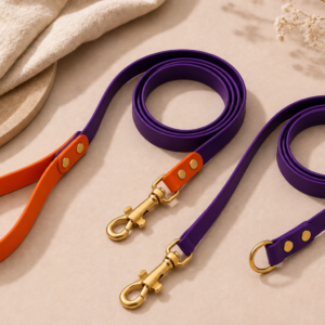 Deux laisses en Biothane sur mesure pour chien, l'une avec poignée orange et l'autre avec anneau en D, coloris violet et orange, bouclerie dorée.